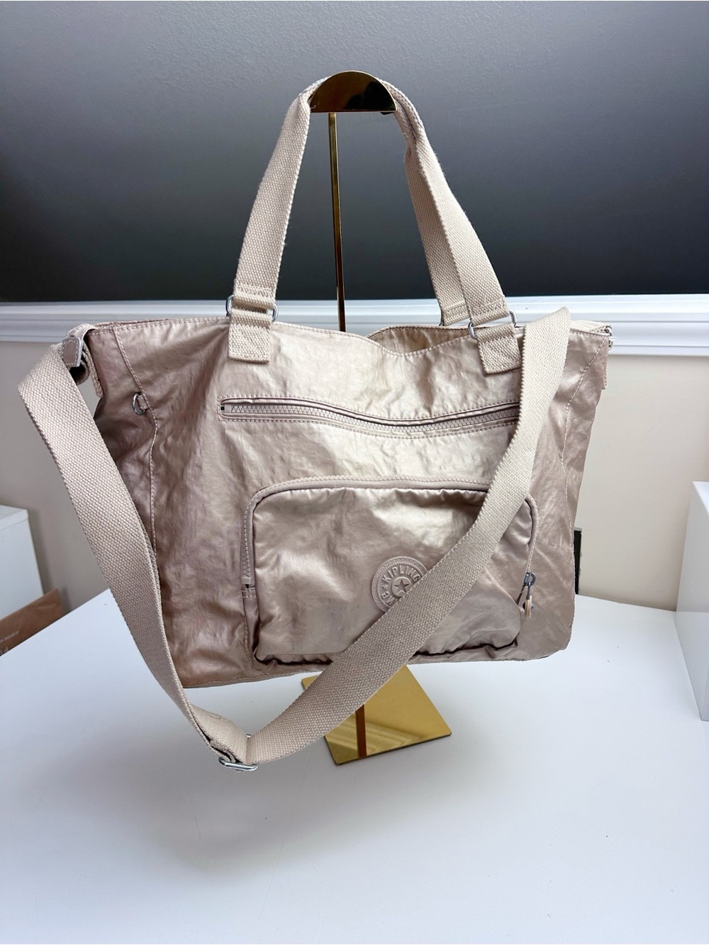 Kipling Gold Metallic Travel Bag Tote with Detachable Shoulder Strap